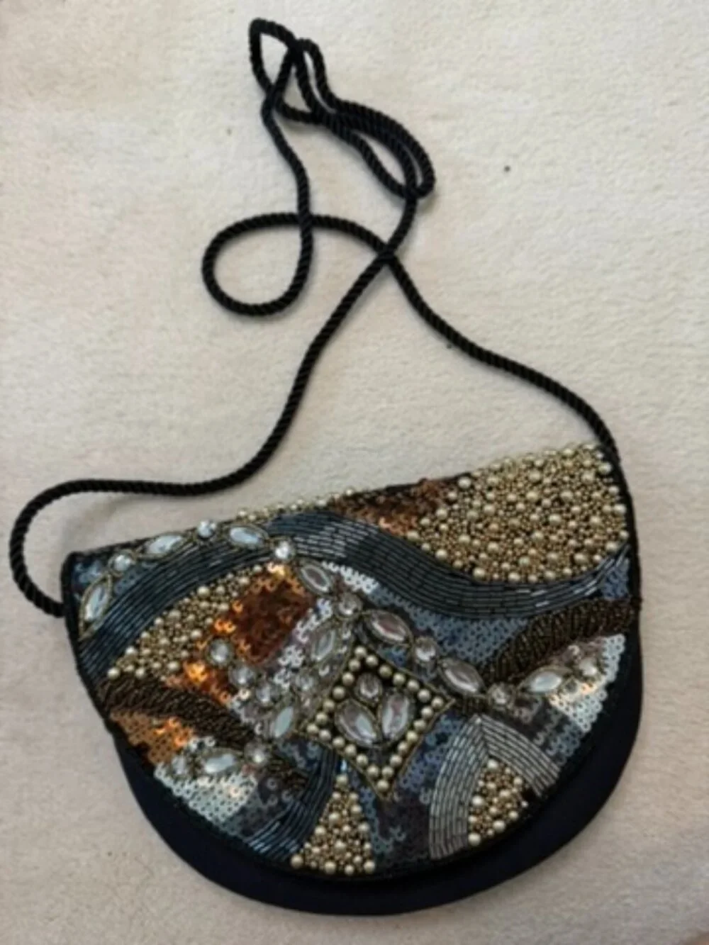 Vintage Towanny Black & Metallic Beaded Crossbody Evening Bag - Mosaic Sequined